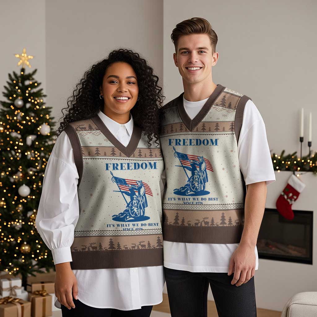 Freedom It’s What We Do Best Since 1776 V-Neck Knit Sweater Vest Revolutionary War Patriot Battle Scene