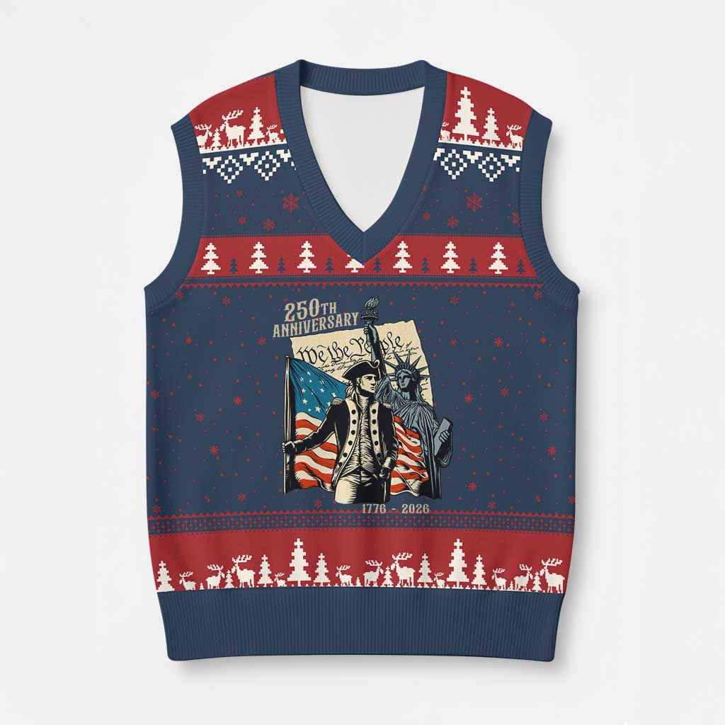 250th Anniversary 1776-2026 We The People V-Neck Knit Sweater Vest George Washington and Statue of Liberty History Pride