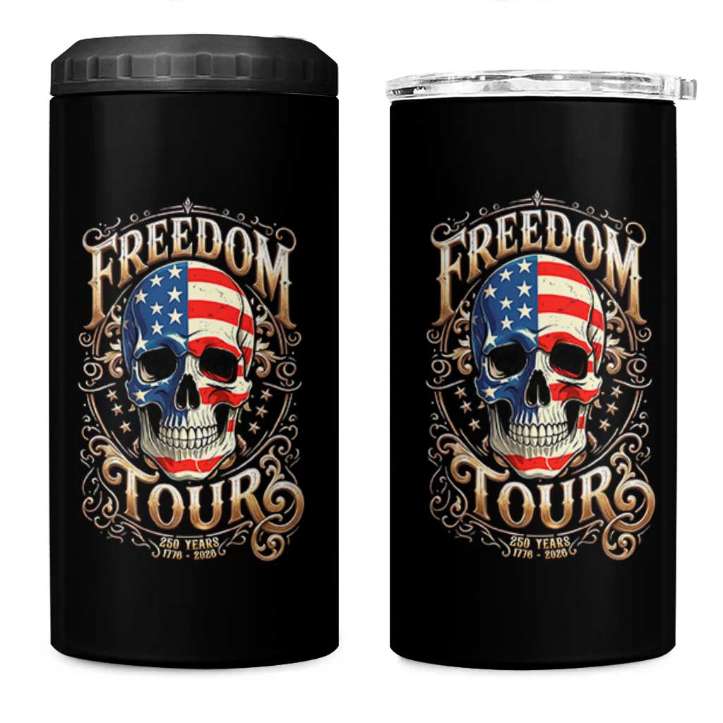 Freedom Tour 250 Years 1776-2026 American Flag Skull 4 in 1 Can Cooler Tumbler Rock Aesthetic Patriotic Semiquincentennial 250th Anniversary
