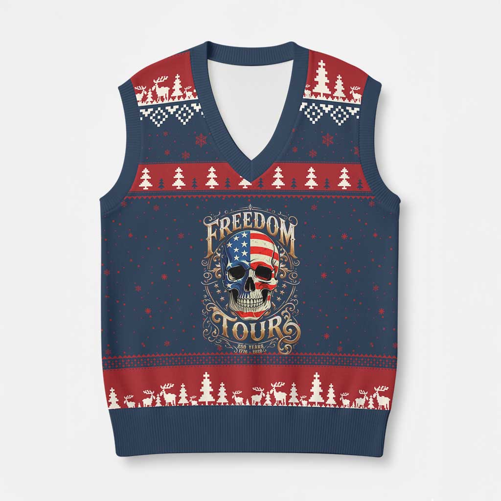 Freedom Tour 250 Years 1776-2026 American Flag Skull V-Neck Knit Sweater Vest Rock Aesthetic Patriotic Semiquincentennial 250th Anniversary