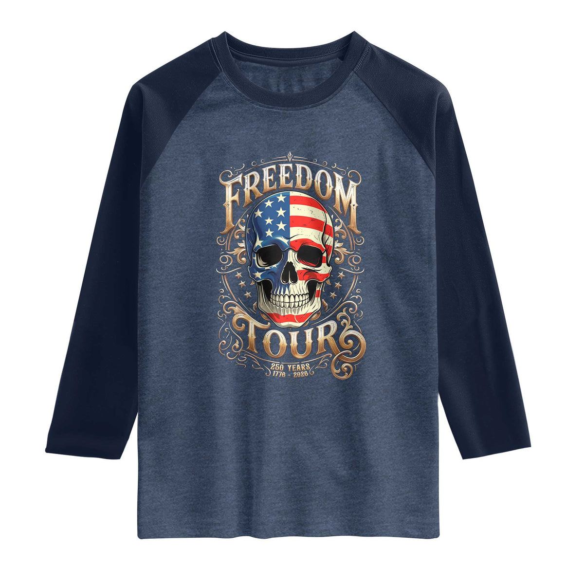 Freedom Tour 250 Years 1776-2026 American Flag Skull Raglan Shirt Rock Aesthetic Patriotic Semiquincentennial 250th Anniversary