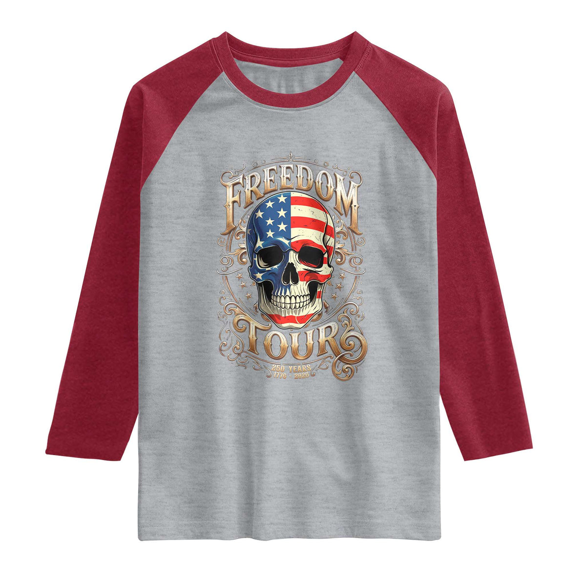 Freedom Tour 250 Years 1776-2026 American Flag Skull Raglan Shirt Rock Aesthetic Patriotic Semiquincentennial 250th Anniversary