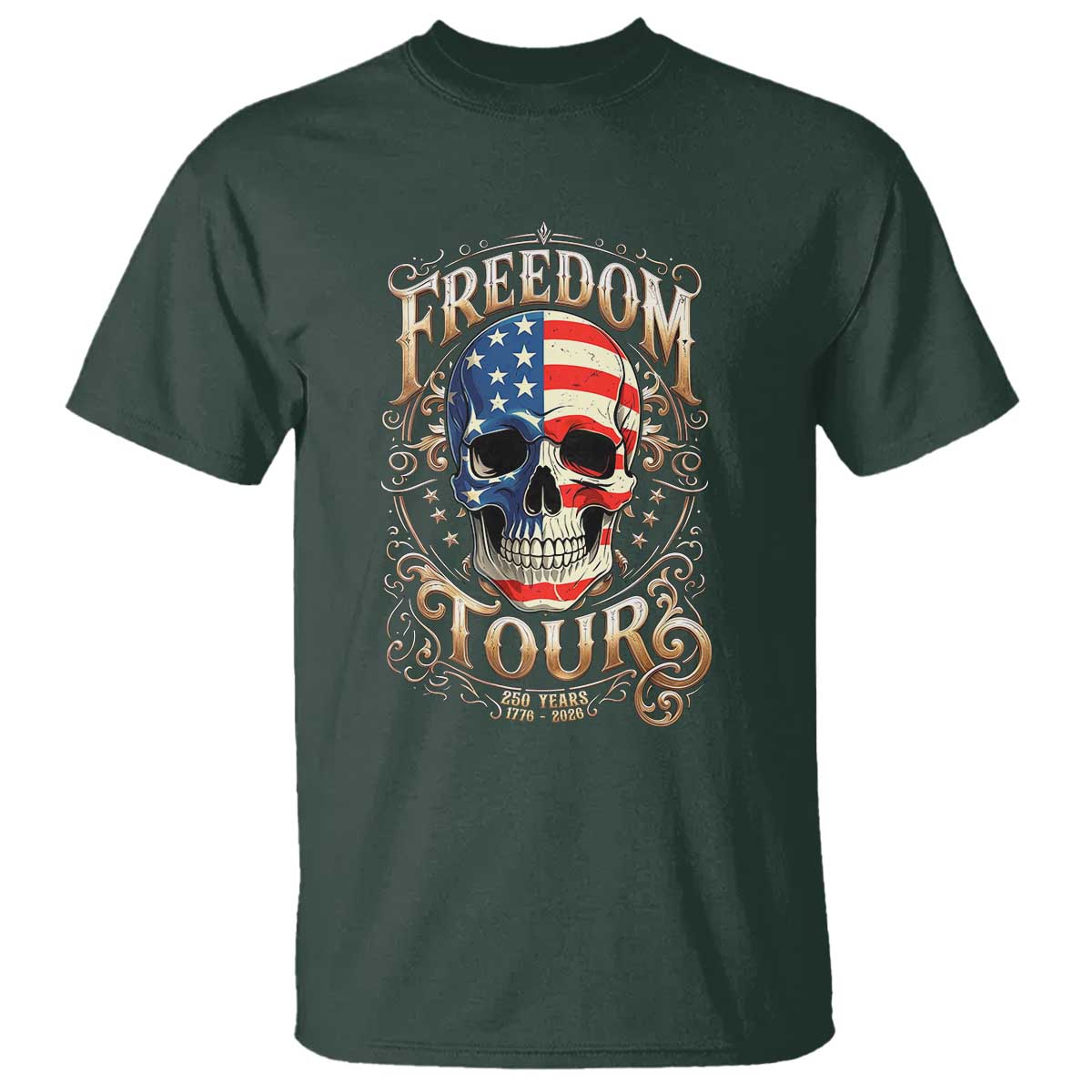 Freedom Tour 250 Years 1776-2026 American Flag Skull T Shirt Rock Aesthetic Patriotic Semiquincentennial 250th Anniversary