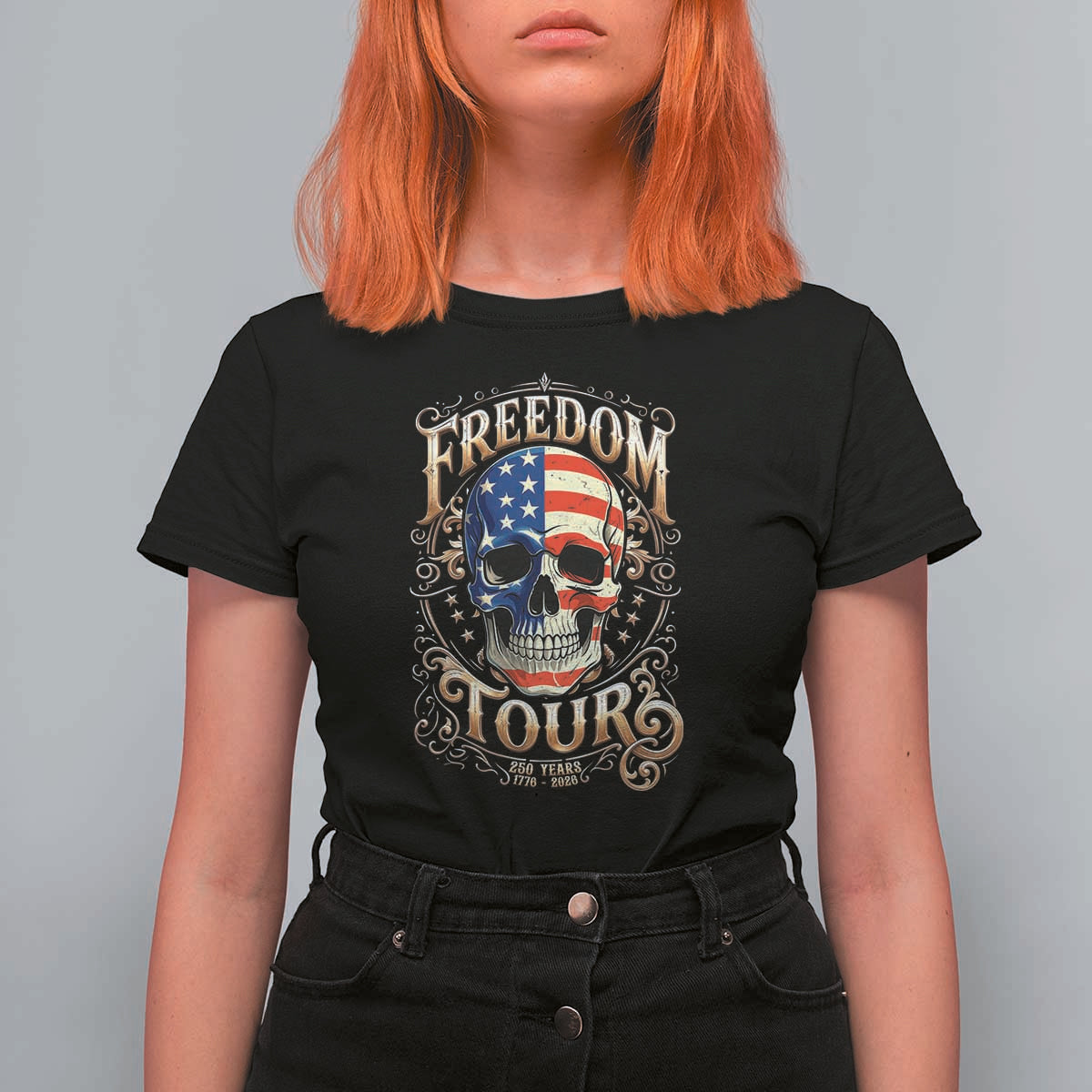 Freedom Tour 250 Years 1776-2026 American Flag Skull T Shirt For Women Rock Aesthetic Patriotic Semiquincentennial 250th Anniversary