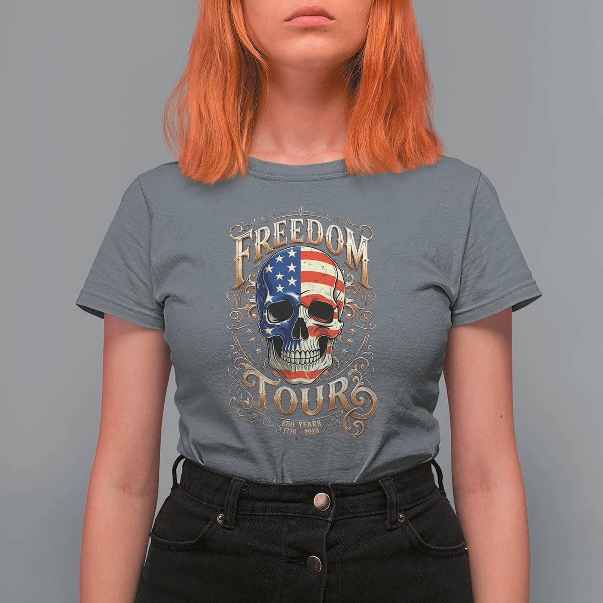 Freedom Tour 250 Years 1776-2026 American Flag Skull T Shirt For Women Rock Aesthetic Patriotic Semiquincentennial 250th Anniversary