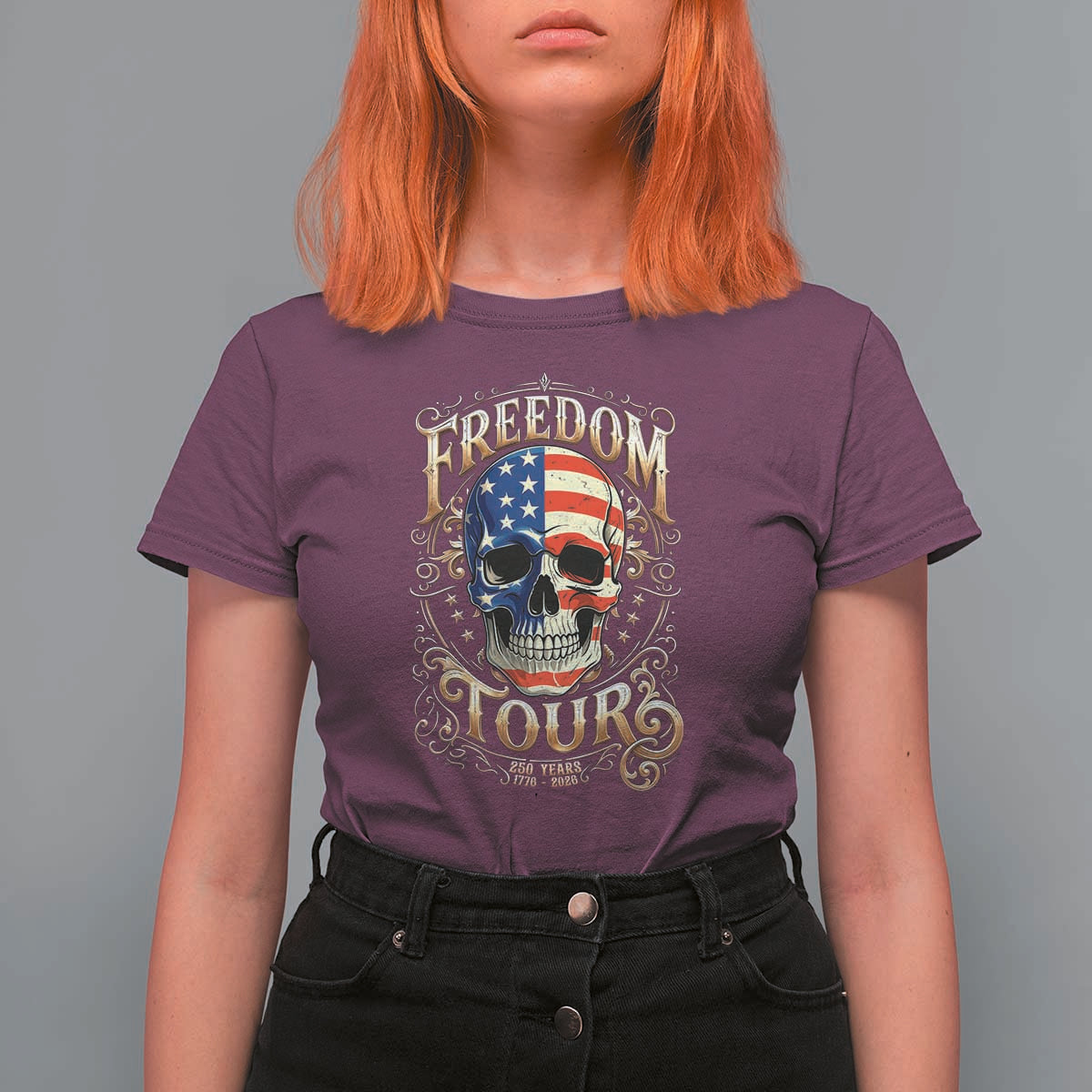 Freedom Tour 250 Years 1776-2026 American Flag Skull T Shirt For Women Rock Aesthetic Patriotic Semiquincentennial 250th Anniversary