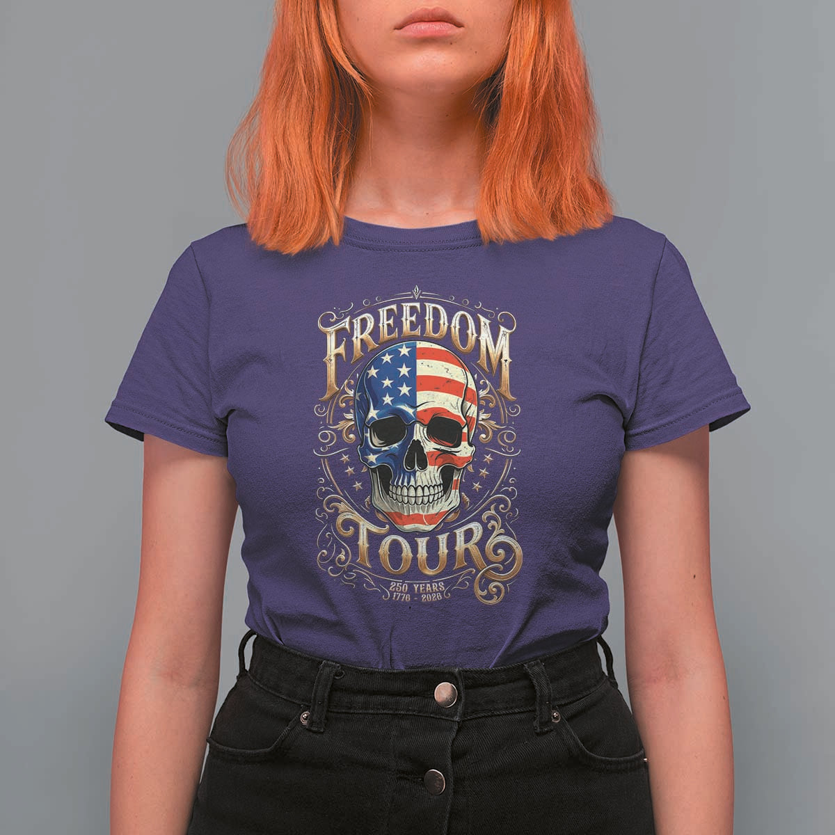Freedom Tour 250 Years 1776-2026 American Flag Skull T Shirt For Women Rock Aesthetic Patriotic Semiquincentennial 250th Anniversary
