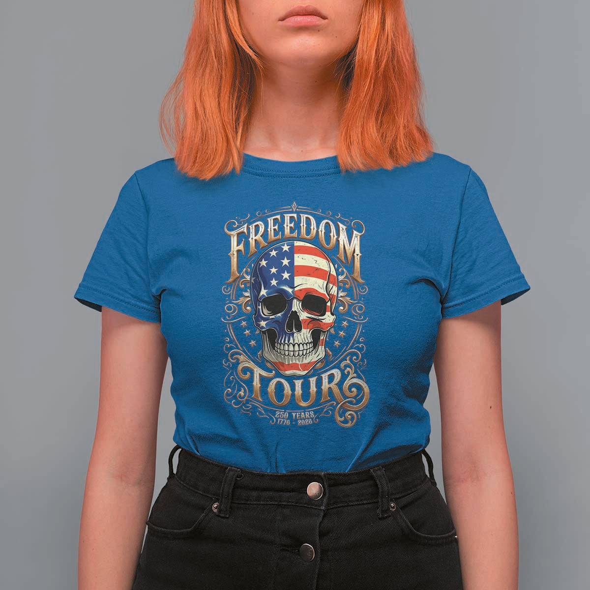 Freedom Tour 250 Years 1776-2026 American Flag Skull T Shirt For Women Rock Aesthetic Patriotic Semiquincentennial 250th Anniversary