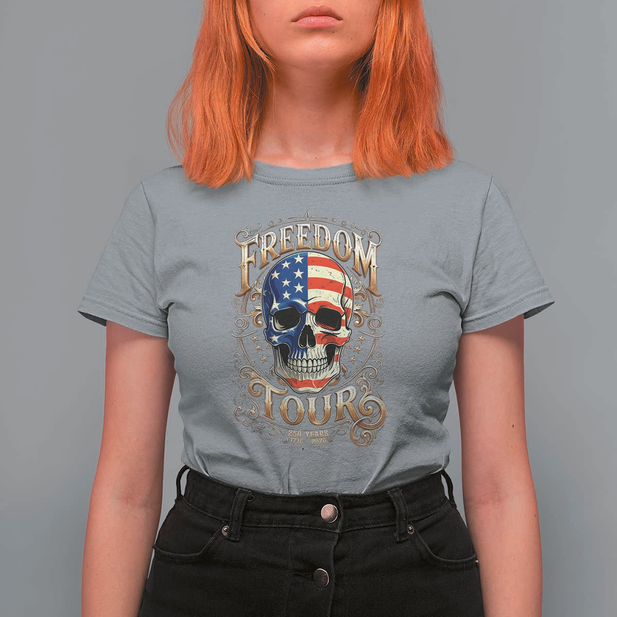 Freedom Tour 250 Years 1776-2026 American Flag Skull T Shirt For Women Rock Aesthetic Patriotic Semiquincentennial 250th Anniversary