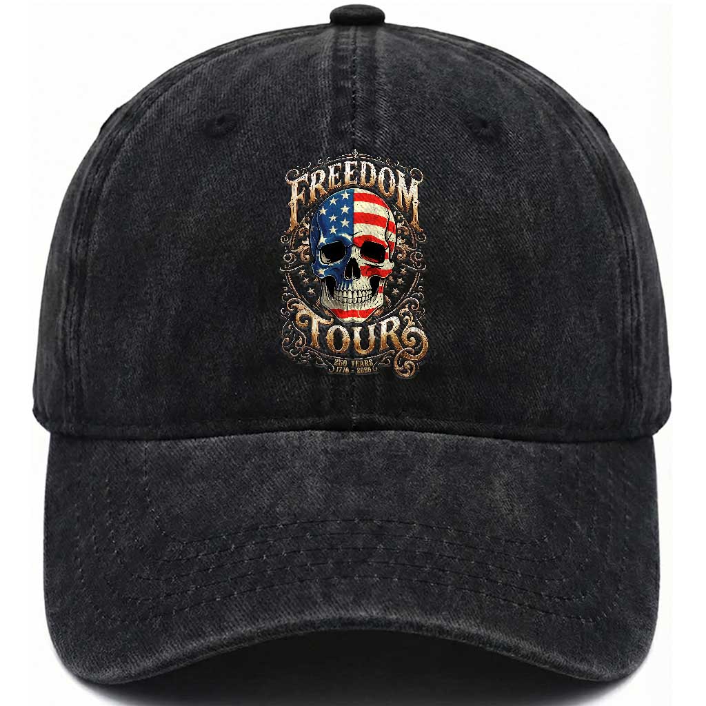 Freedom Tour 250 Years 1776-2026 American Flag Skull Washed Cotton Baseball Cap Rock Aesthetic Patriotic Semiquincentennial 250th Anniversary