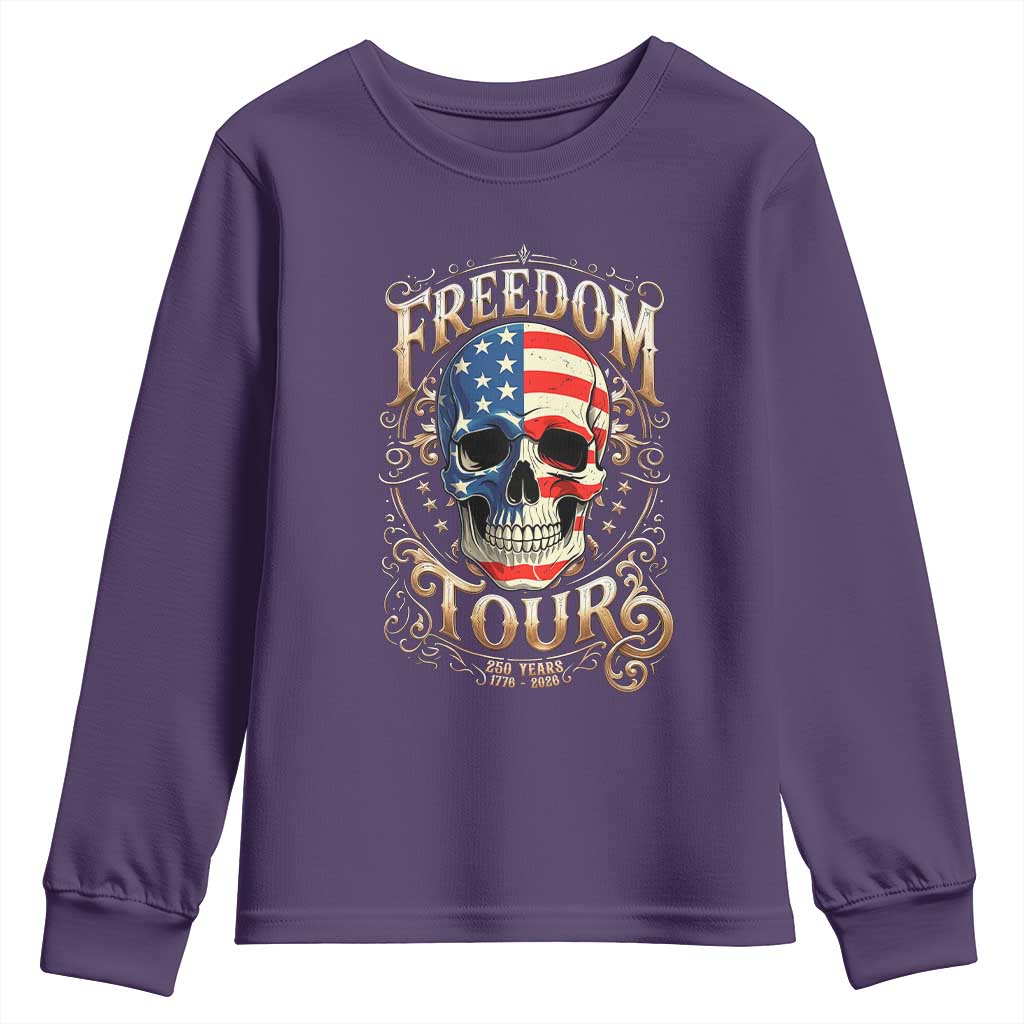 Freedom Tour 250 Years 1776-2026 American Flag Skull Youth Sweatshirt Rock Aesthetic Patriotic Semiquincentennial 250th Anniversary