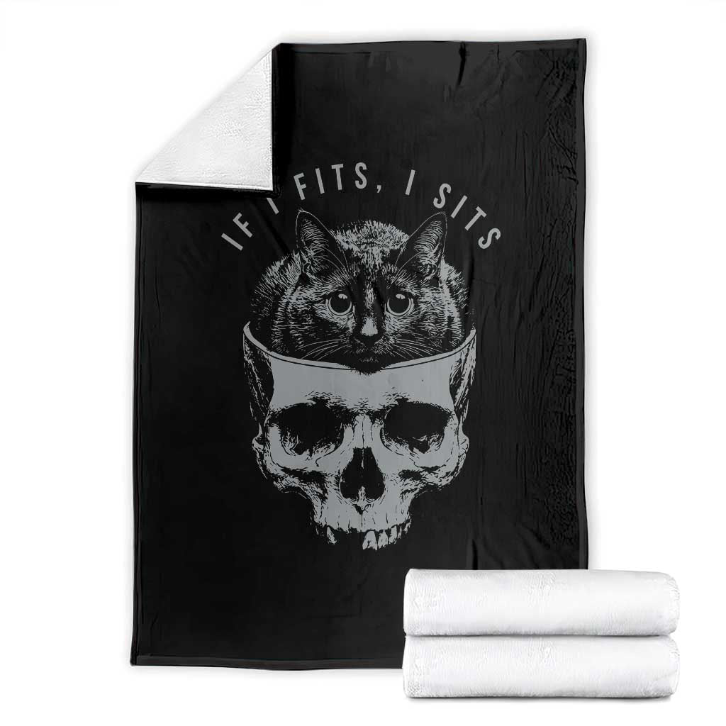 If I Fits I Sits Funny Cat in Skull Throw Blanket Dark Aesthetic Goth Cat Lover Gift for Macabre and Meme Fans