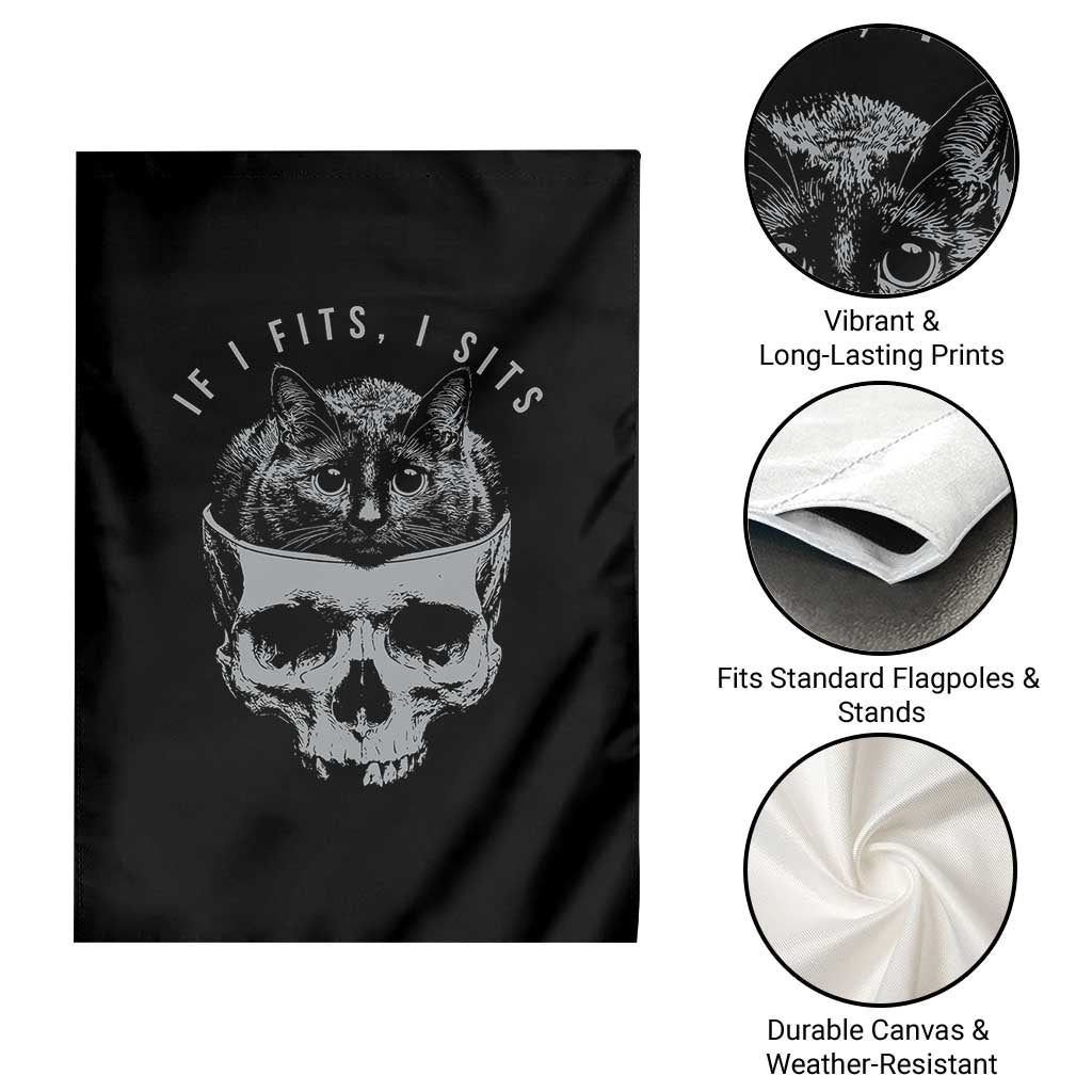 If I Fits I Sits Funny Cat in Skull Garden Flag Dark Aesthetic Goth Cat Lover Gift for Macabre and Meme Fans