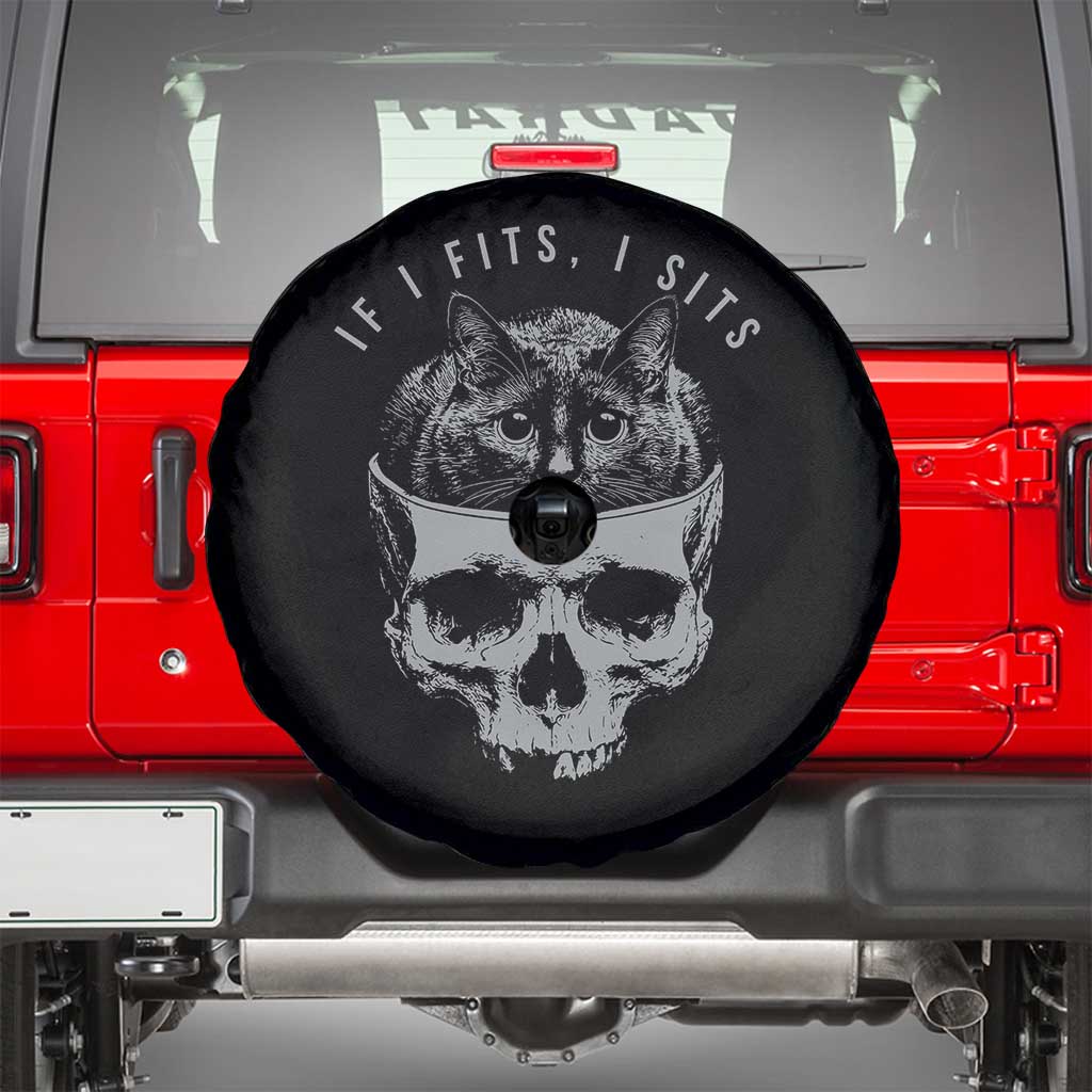 If I Fits I Sits Funny Cat in Skull Spare Tire Cover Dark Aesthetic Goth Cat Lover Gift for Macabre and Meme Fans