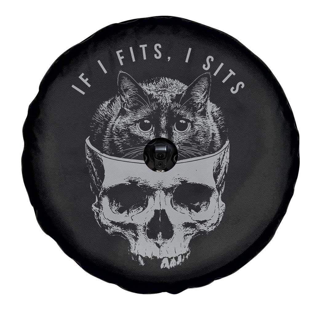 If I Fits I Sits Funny Cat in Skull Spare Tire Cover Dark Aesthetic Goth Cat Lover Gift for Macabre and Meme Fans