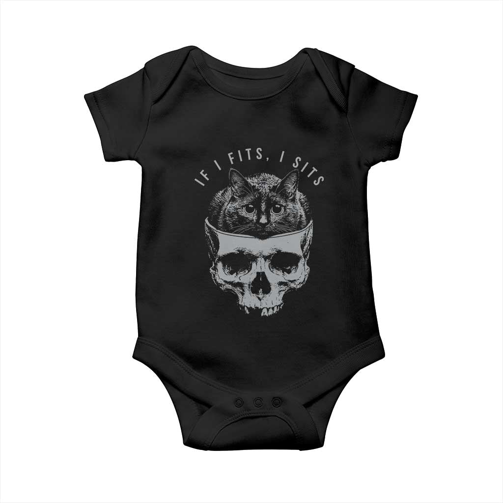 If I Fits I Sits Funny Cat in Skull Baby Onesie Dark Aesthetic Goth Cat Lover Gift for Macabre and Meme Fans
