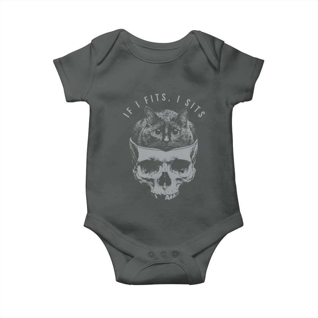If I Fits I Sits Funny Cat in Skull Baby Onesie Dark Aesthetic Goth Cat Lover Gift for Macabre and Meme Fans