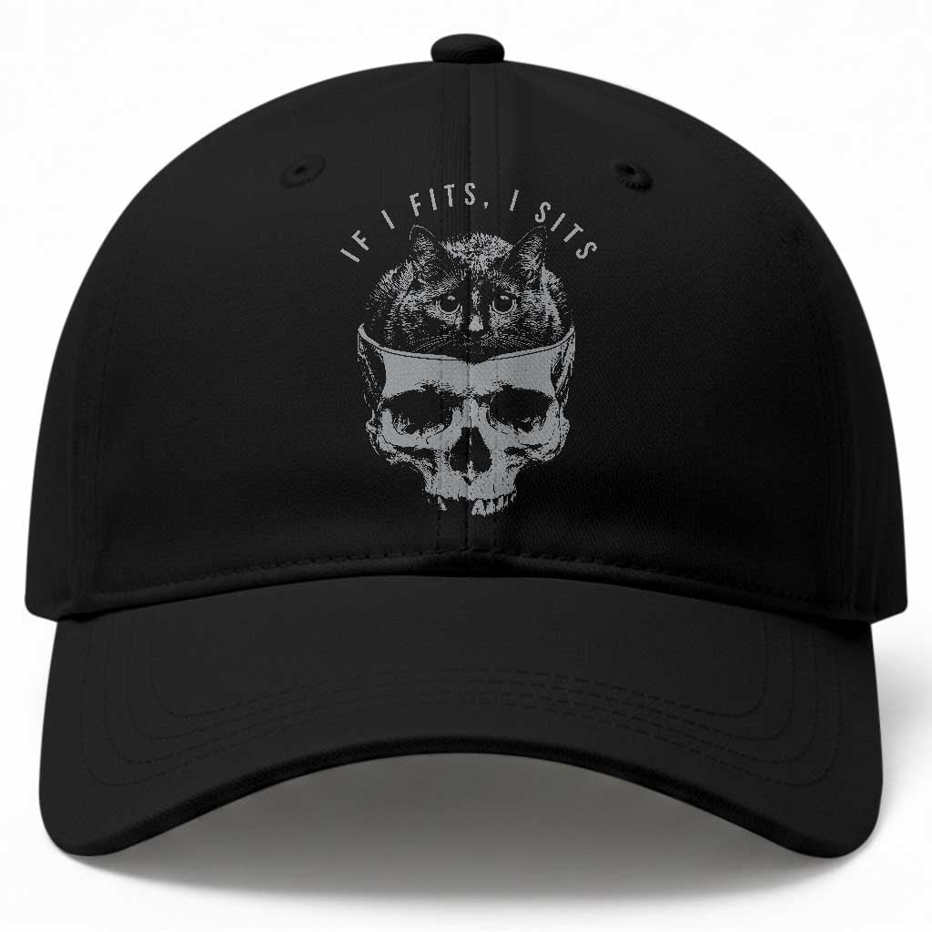 If I Fits I Sits Funny Cat in Skull Baseball Cap Dark Aesthetic Goth Cat Lover Gift for Macabre and Meme Fans
