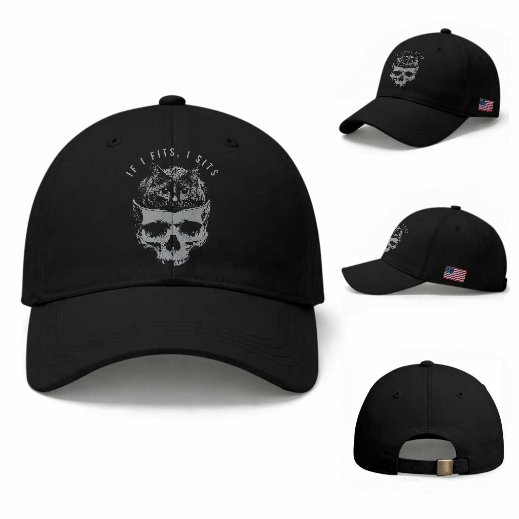 If I Fits I Sits Funny Cat in Skull Baseball Cap Dark Aesthetic Goth Cat Lover Gift for Macabre and Meme Fans