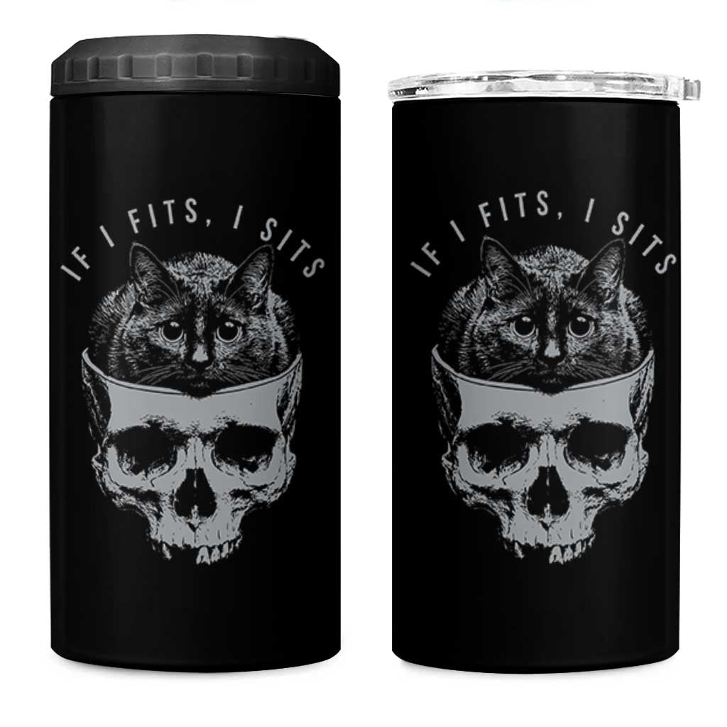 If I Fits I Sits Funny Cat in Skull 4 in 1 Can Cooler Tumbler Dark Aesthetic Goth Cat Lover Gift for Macabre and Meme Fans