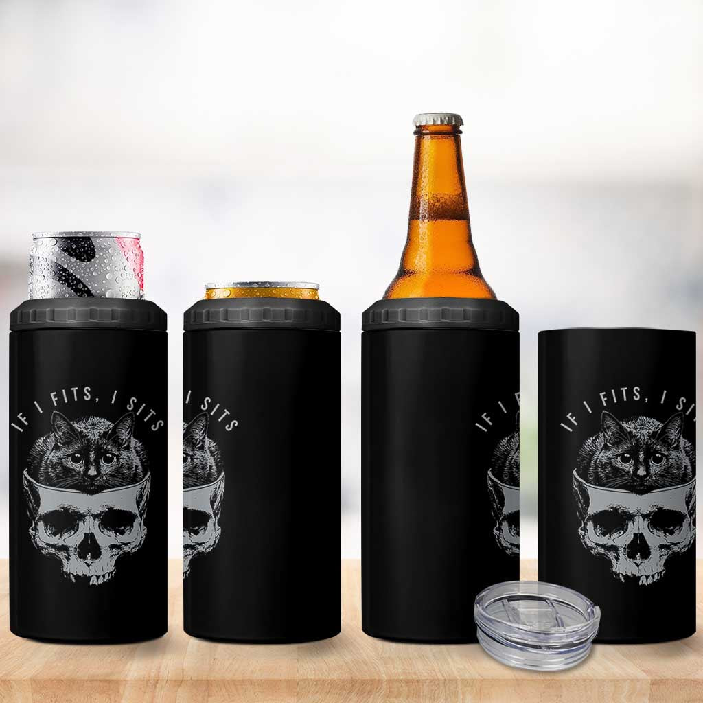 If I Fits I Sits Funny Cat in Skull 4 in 1 Can Cooler Tumbler Dark Aesthetic Goth Cat Lover Gift for Macabre and Meme Fans