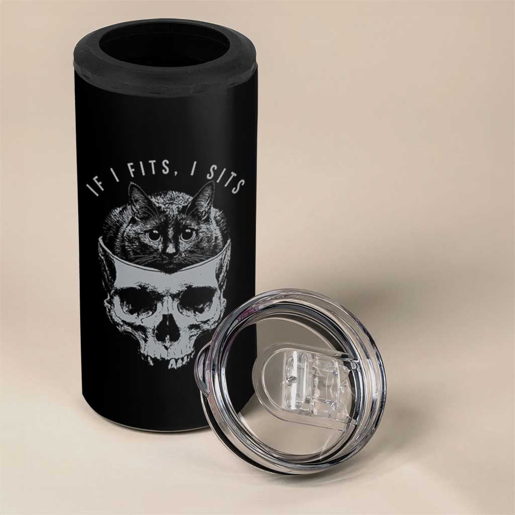 If I Fits I Sits Funny Cat in Skull 4 in 1 Can Cooler Tumbler Dark Aesthetic Goth Cat Lover Gift for Macabre and Meme Fans