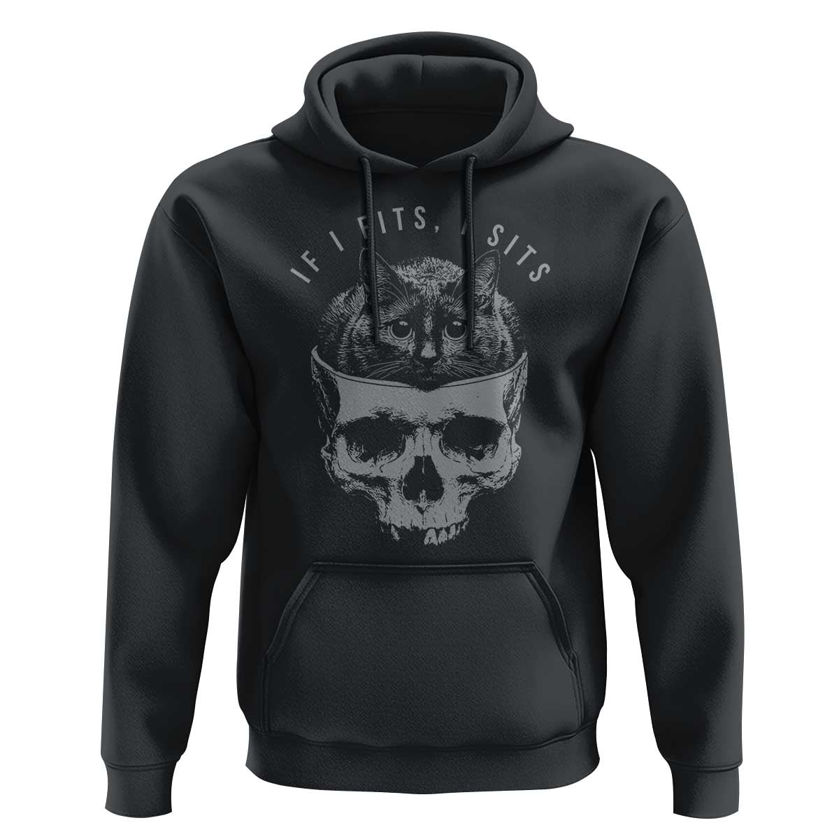 If I Fits I Sits Funny Cat in Skull Hoodie Dark Aesthetic Goth Cat Lover Gift for Macabre and Meme Fans