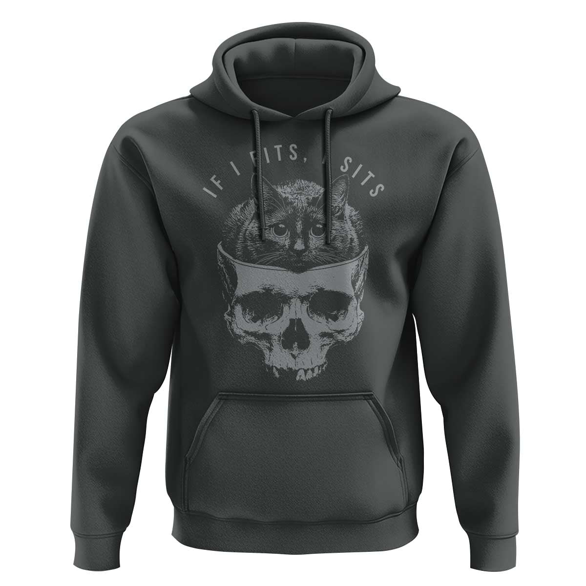 If I Fits I Sits Funny Cat in Skull Hoodie Dark Aesthetic Goth Cat Lover Gift for Macabre and Meme Fans