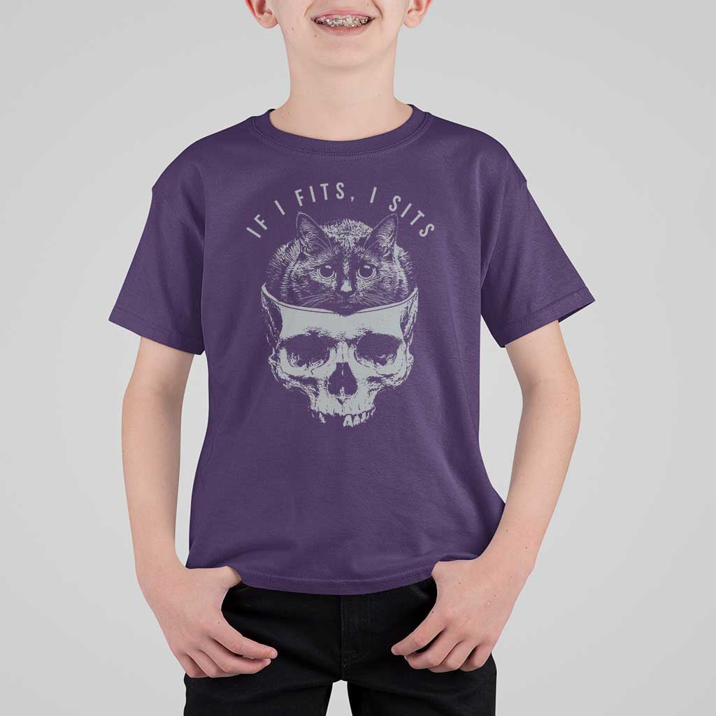 If I Fits I Sits Funny Cat in Skull T Shirt For Kid Dark Aesthetic Goth Cat Lover Gift for Macabre and Meme Fans