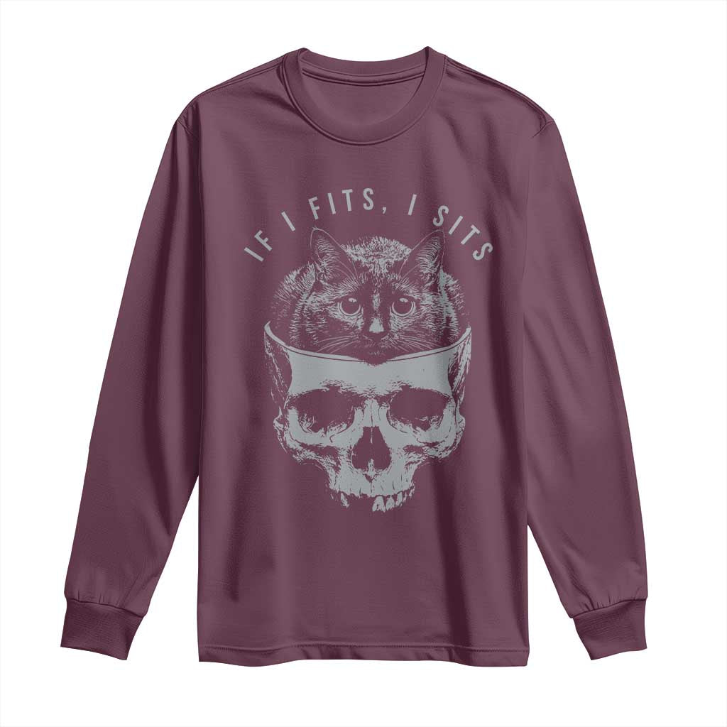 If I Fits I Sits Funny Cat in Skull Long Sleeve Shirt Dark Aesthetic Goth Cat Lover Gift for Macabre and Meme Fans