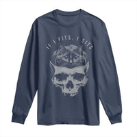 If I Fits I Sits Funny Cat in Skull Long Sleeve Shirt Dark Aesthetic Goth Cat Lover Gift for Macabre and Meme Fans