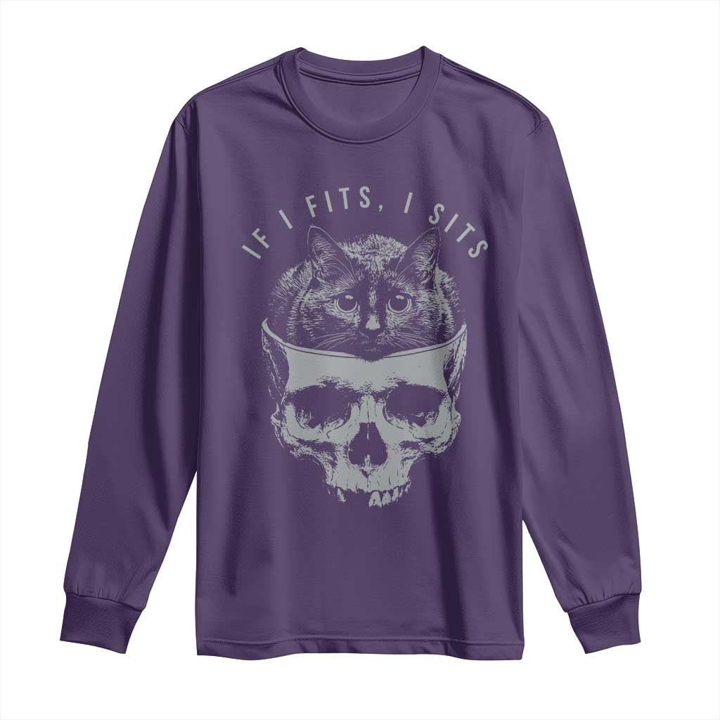 If I Fits I Sits Funny Cat in Skull Long Sleeve Shirt Dark Aesthetic Goth Cat Lover Gift for Macabre and Meme Fans