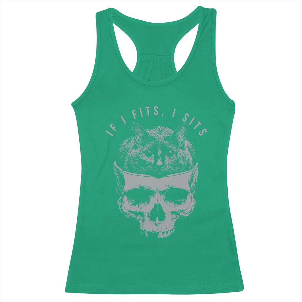 If I Fits I Sits Funny Cat in Skull Racerback Tank Top Dark Aesthetic Goth Cat Lover Gift for Macabre and Meme Fans