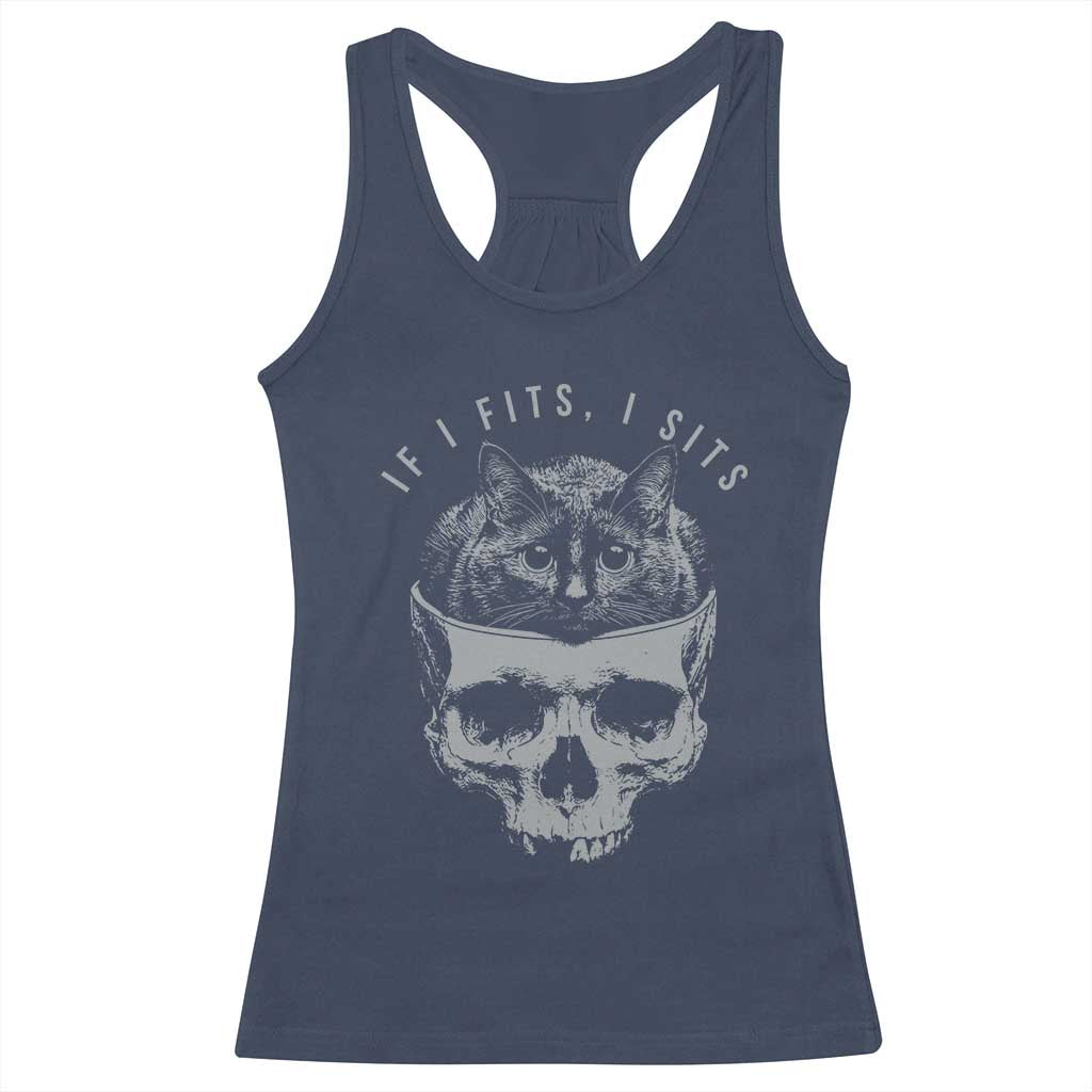 If I Fits I Sits Funny Cat in Skull Racerback Tank Top Dark Aesthetic Goth Cat Lover Gift for Macabre and Meme Fans