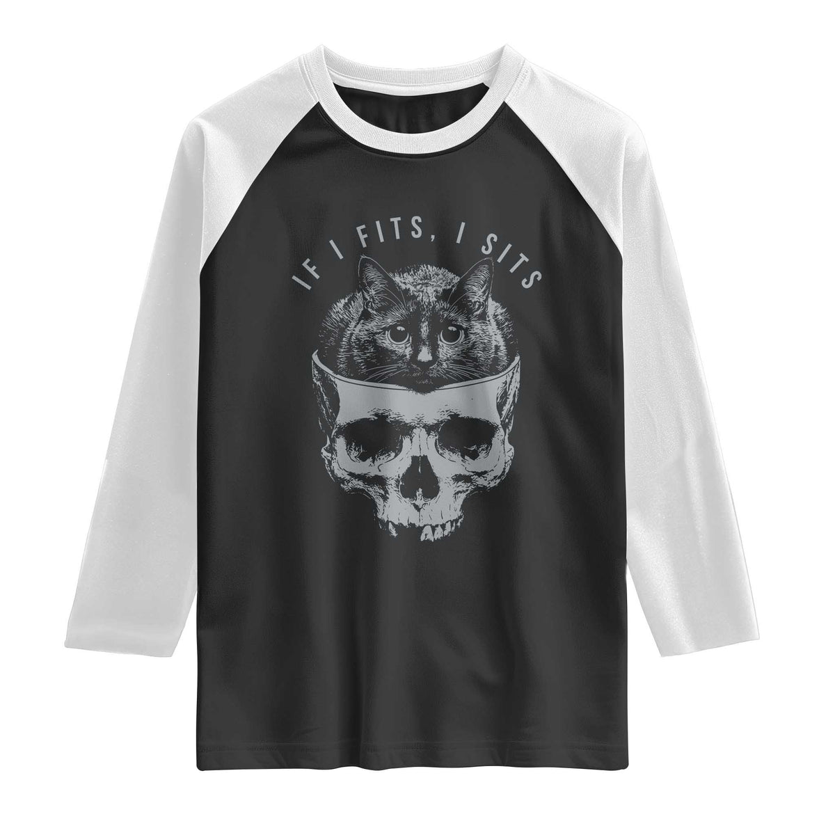If I Fits I Sits Funny Cat in Skull Raglan Shirt Dark Aesthetic Goth Cat Lover Gift for Macabre and Meme Fans