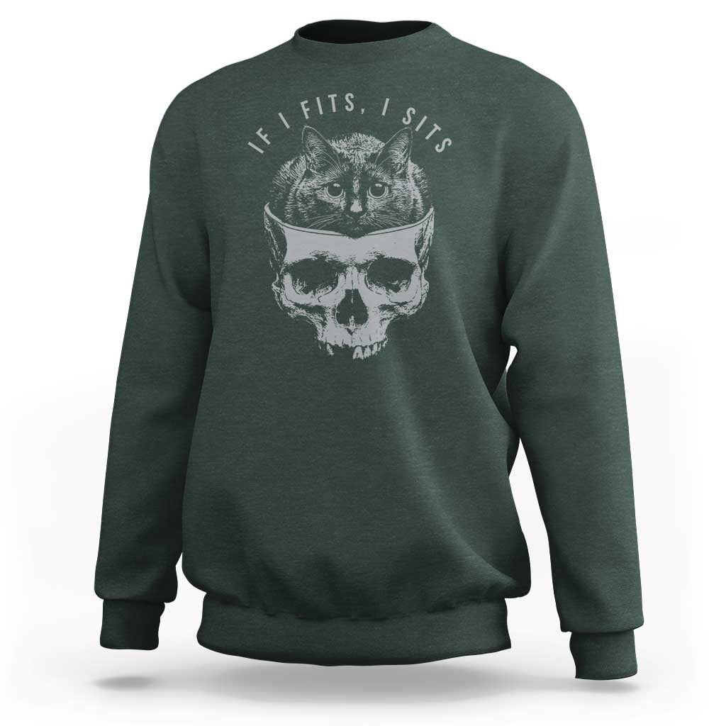 If I Fits I Sits Funny Cat in Skull Sweatshirt Dark Aesthetic Goth Cat Lover Gift for Macabre and Meme Fans