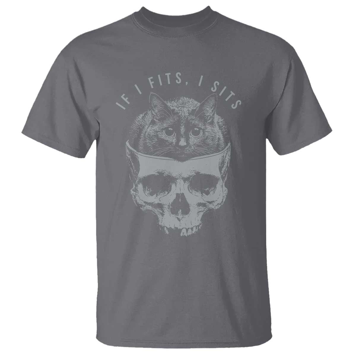 If I Fits I Sits Funny Cat in Skull T Shirt Dark Aesthetic Goth Cat Lover Gift for Macabre and Meme Fans