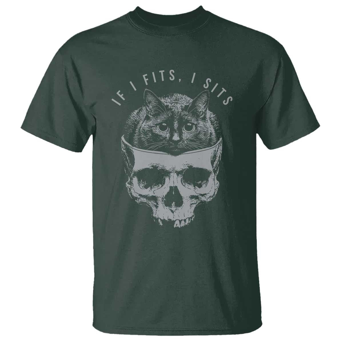 If I Fits I Sits Funny Cat in Skull T Shirt Dark Aesthetic Goth Cat Lover Gift for Macabre and Meme Fans