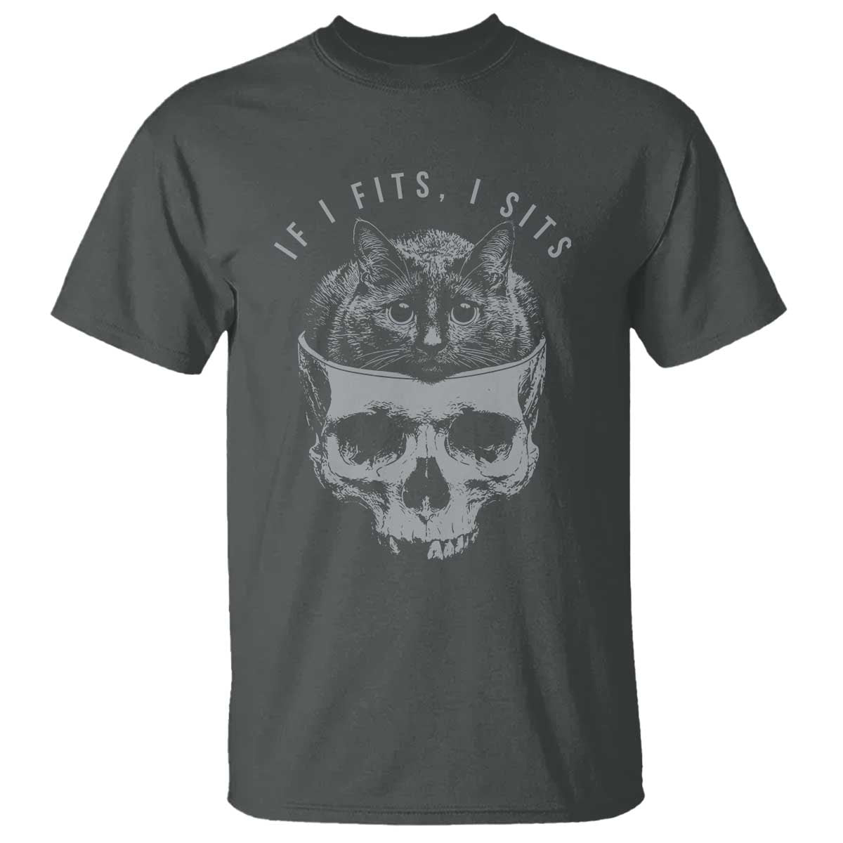 If I Fits I Sits Funny Cat in Skull T Shirt Dark Aesthetic Goth Cat Lover Gift for Macabre and Meme Fans
