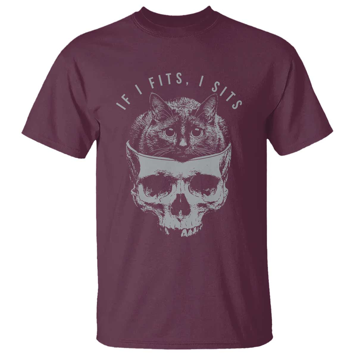 If I Fits I Sits Funny Cat in Skull T Shirt Dark Aesthetic Goth Cat Lover Gift for Macabre and Meme Fans