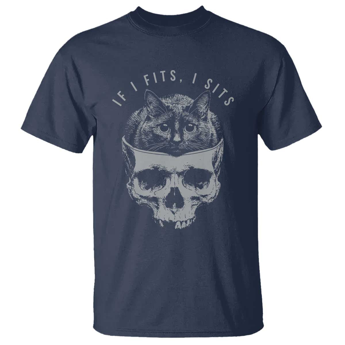 If I Fits I Sits Funny Cat in Skull T Shirt Dark Aesthetic Goth Cat Lover Gift for Macabre and Meme Fans