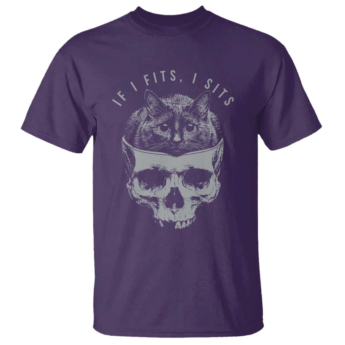 If I Fits I Sits Funny Cat in Skull T Shirt Dark Aesthetic Goth Cat Lover Gift for Macabre and Meme Fans