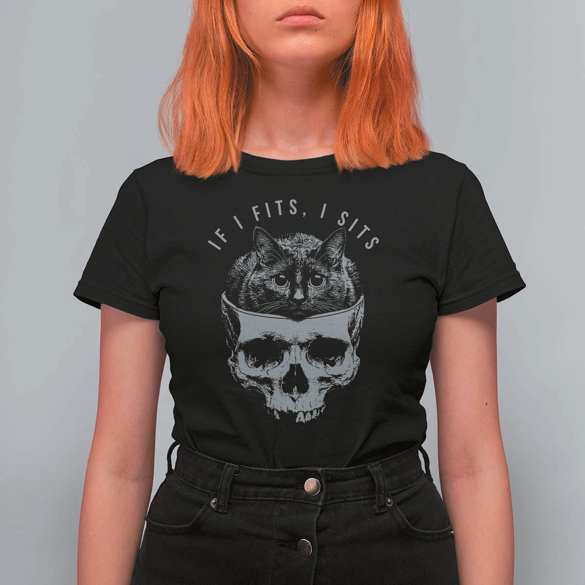 If I Fits I Sits Funny Cat in Skull T Shirt For Women Dark Aesthetic Goth Cat Lover Gift for Macabre and Meme Fans