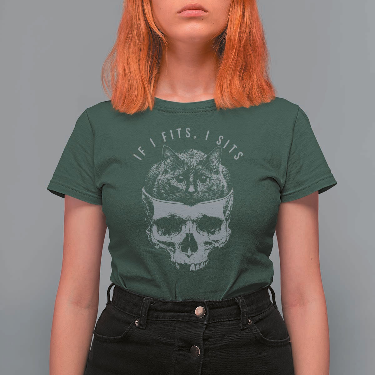 If I Fits I Sits Funny Cat in Skull T Shirt For Women Dark Aesthetic Goth Cat Lover Gift for Macabre and Meme Fans