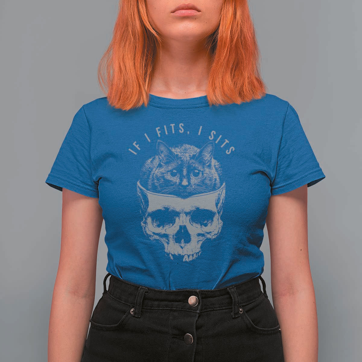 If I Fits I Sits Funny Cat in Skull T Shirt For Women Dark Aesthetic Goth Cat Lover Gift for Macabre and Meme Fans