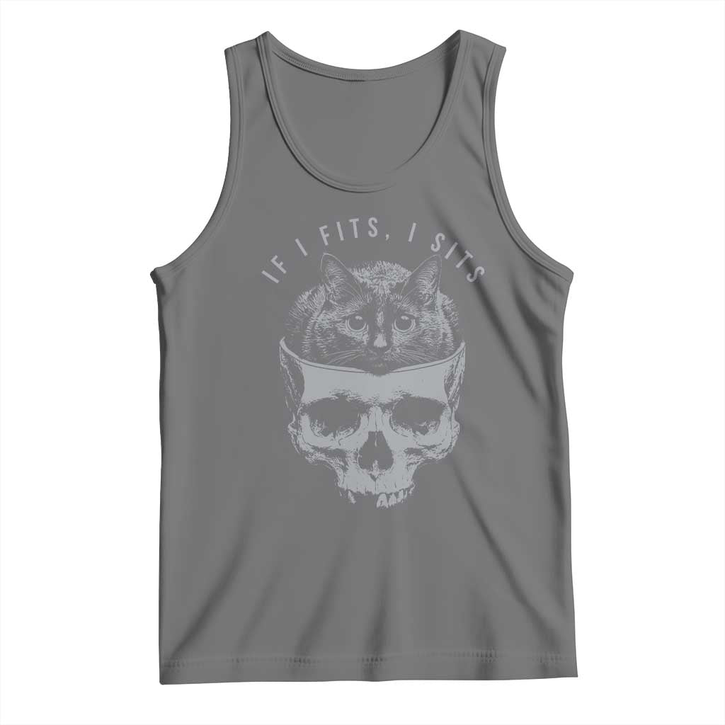 If I Fits I Sits Funny Cat in Skull Tank Top Dark Aesthetic Goth Cat Lover Gift for Macabre and Meme Fans
