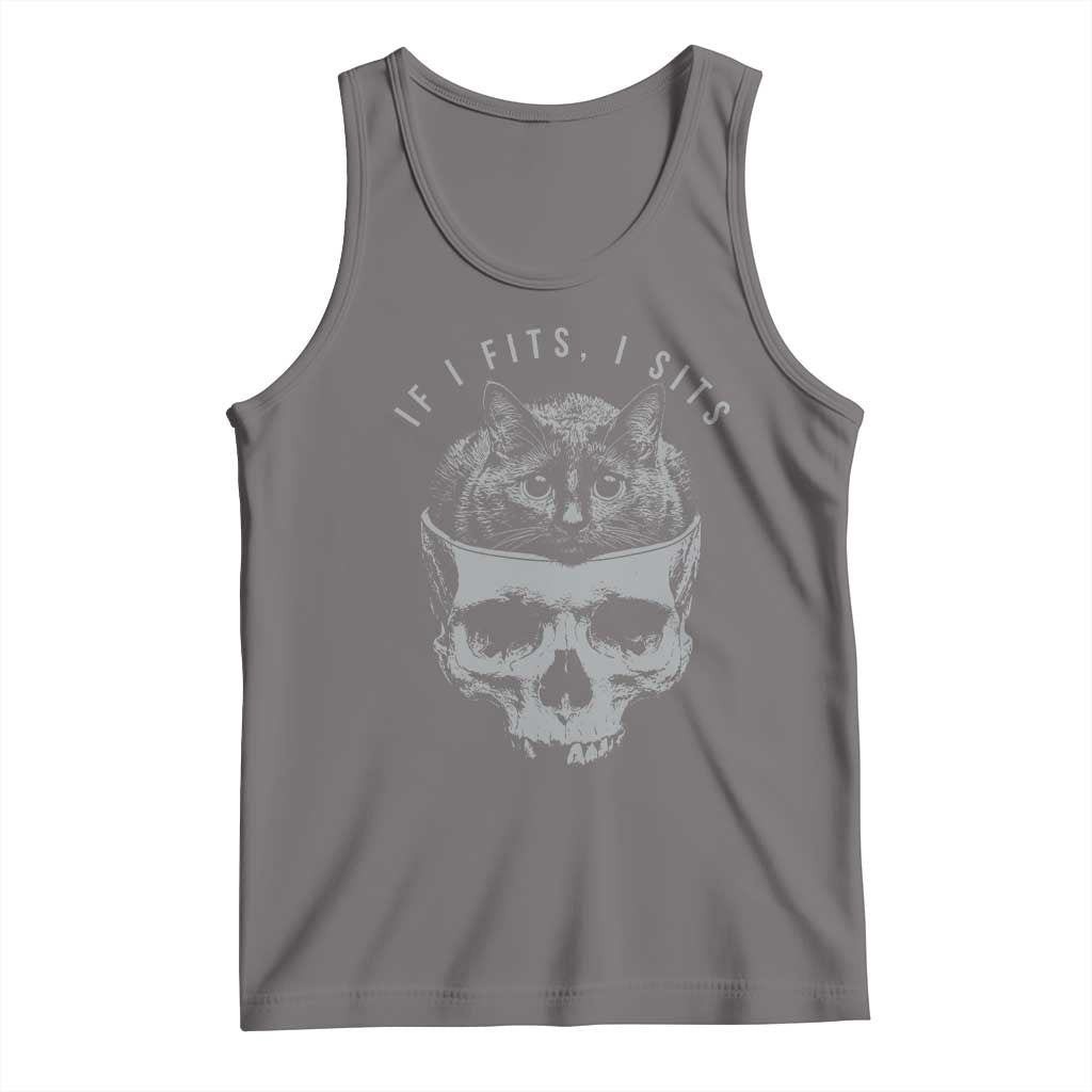 If I Fits I Sits Funny Cat in Skull Tank Top Dark Aesthetic Goth Cat Lover Gift for Macabre and Meme Fans