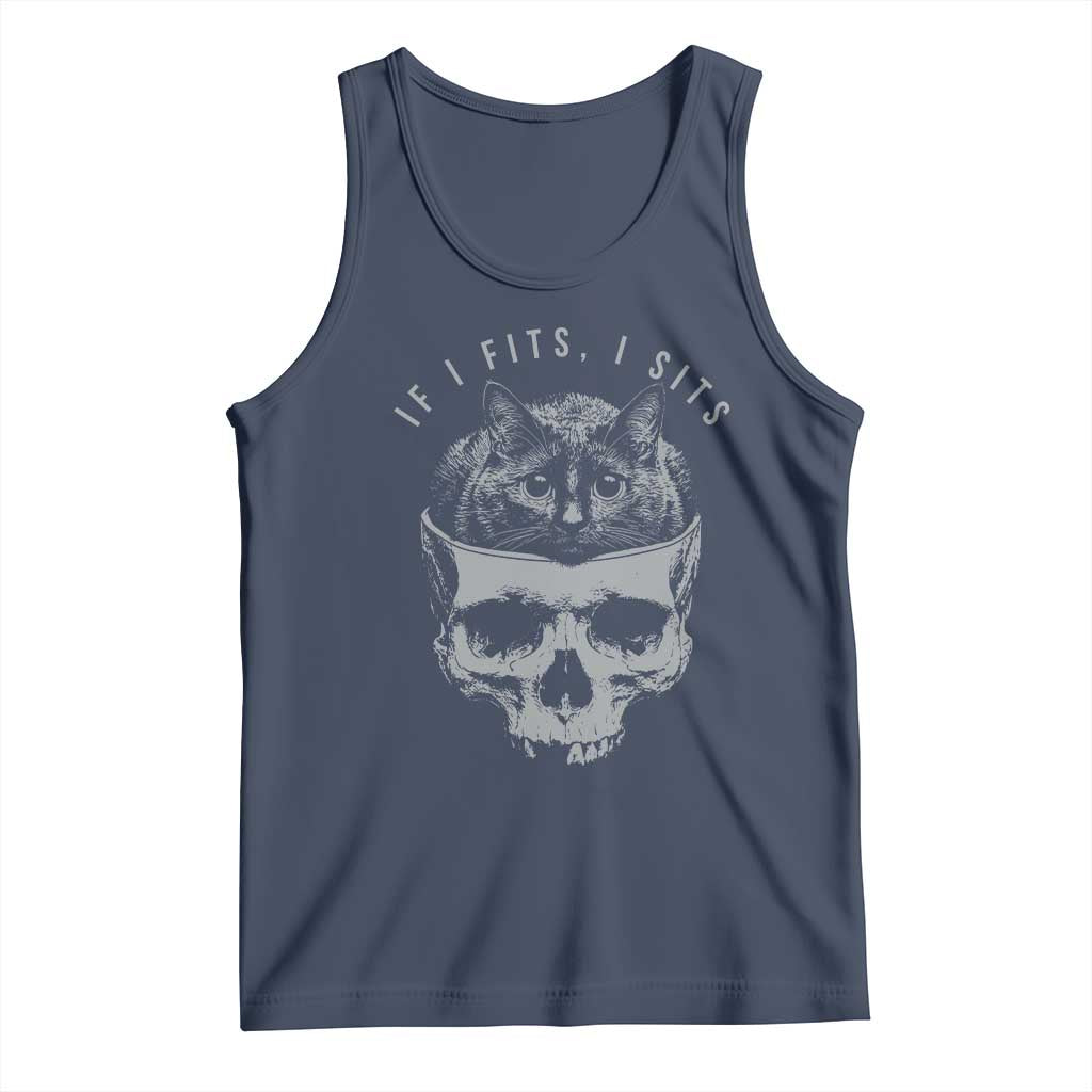 If I Fits I Sits Funny Cat in Skull Tank Top Dark Aesthetic Goth Cat Lover Gift for Macabre and Meme Fans
