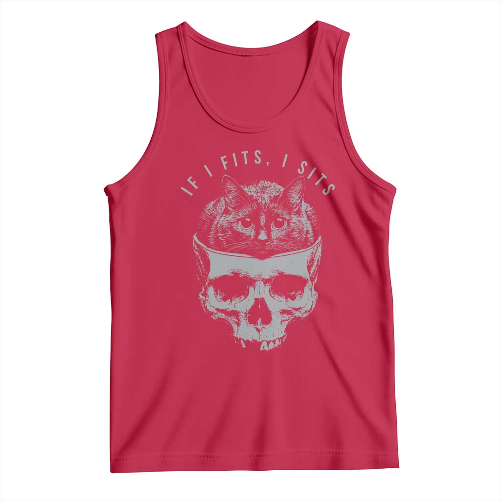 If I Fits I Sits Funny Cat in Skull Tank Top Dark Aesthetic Goth Cat Lover Gift for Macabre and Meme Fans