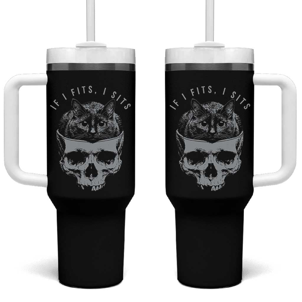 If I Fits I Sits Funny Cat in Skull Tumbler With Handle Dark Aesthetic Goth Cat Lover Gift for Macabre and Meme Fans